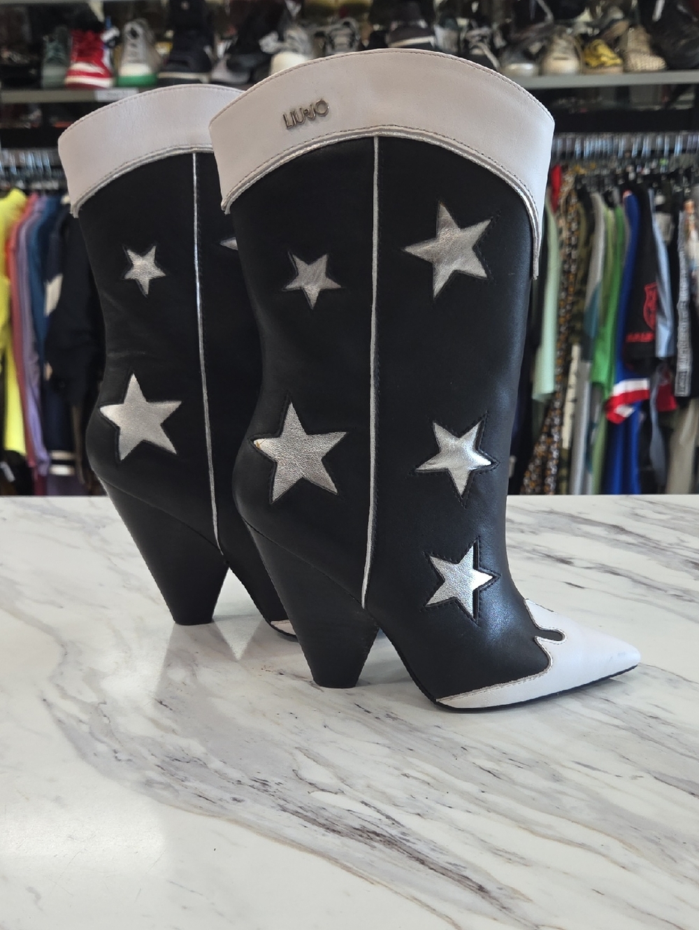 Liu Jo Black and White Star Accent Western Heeled Boots